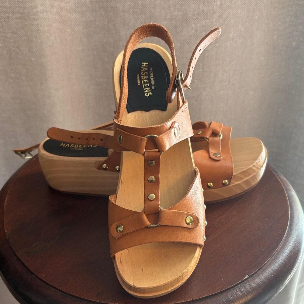 Swedish Hasbeens Brown Leather Platform Clogs